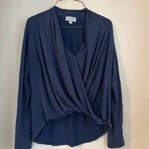 Veronica M Navy Draped Faux-Wrap Blouse